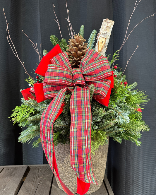 12'' Decorated Christmas Plaid Fiber Pot (Xmas)