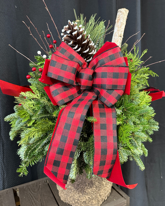12'' Decorated Red & Black Buffalo Plaid Fiber Pot (Xmas)