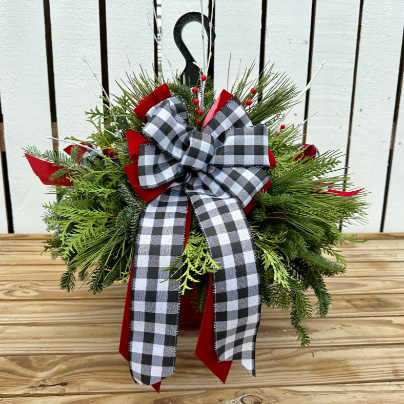 12'' Decorated Black & White Buffalo Plaid Red Hanging Basket