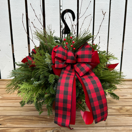 12'' Decorated Red & Black Buffalo Plaid Red Hanging Basket