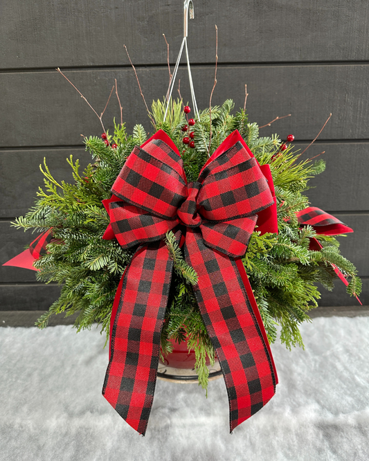 12'' Decorated Red & Black Buffalo Plaid Red Hanging Basket (Xmas)