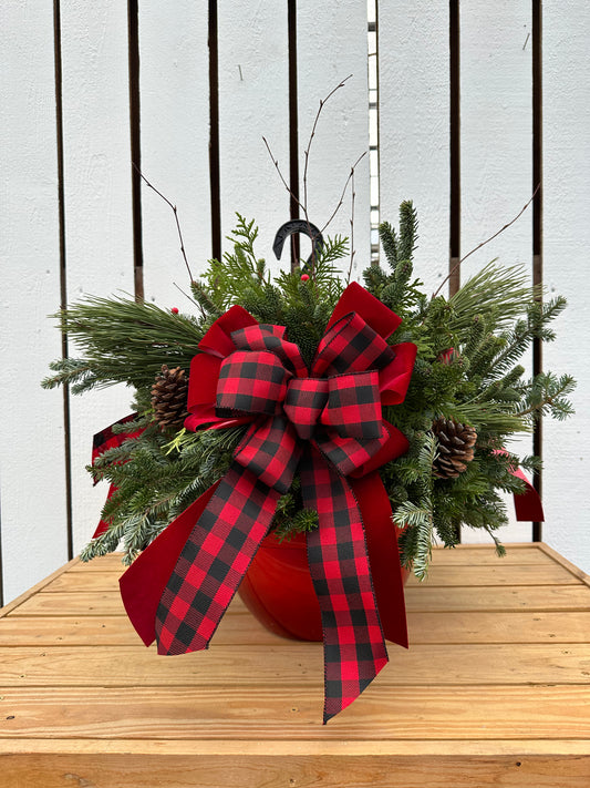 12'' Decorated Red & Black Buffalo Plaid Red Hanging Basket