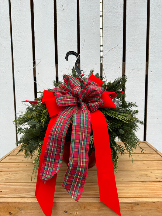 12'' Decorated Christmas Plaid Red Hanging Basket