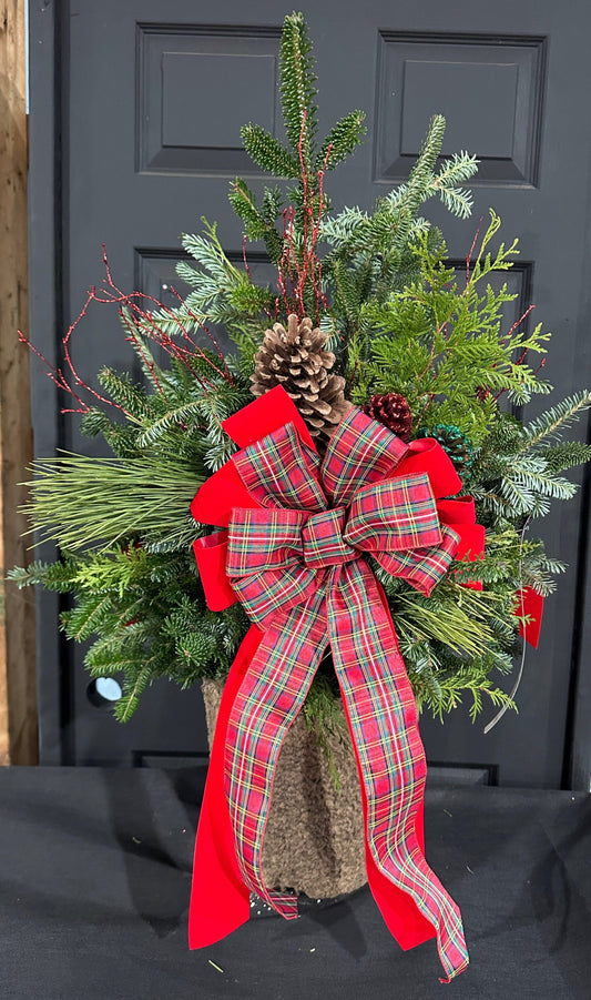 12'' Decorated Christmas Plaid Fiber Pot